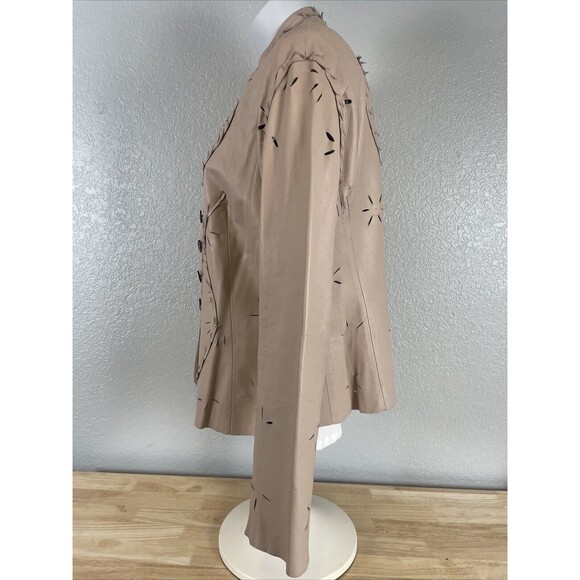 AK ANNE KLEIN Tan Cutaway Leather Jacket Blazer Button Stand Up Collar Sz M - Picture 5 of 10